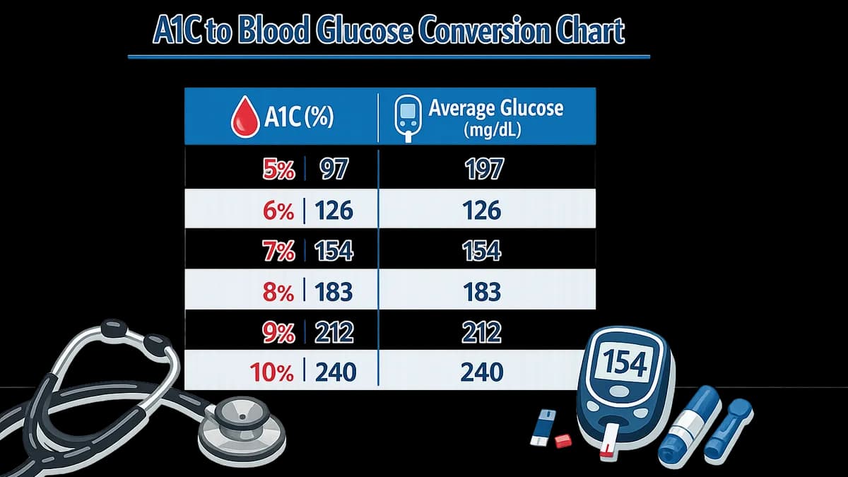 A1C to blood glucose conversion chart with healthcare elements.