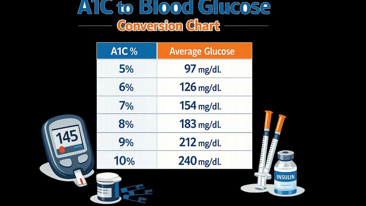 A1C to blood glucose conversion chart with diabetes management tools.
