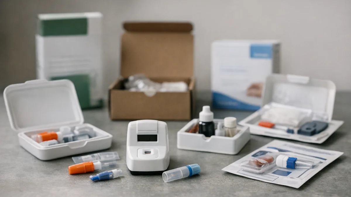 Various at-home A1C test kits displayed together.