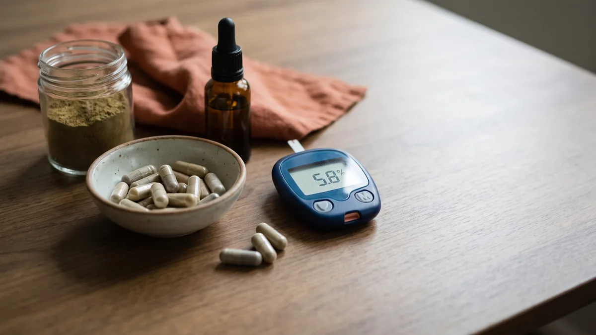 A display of supplements and a glucose meter for A1C levels