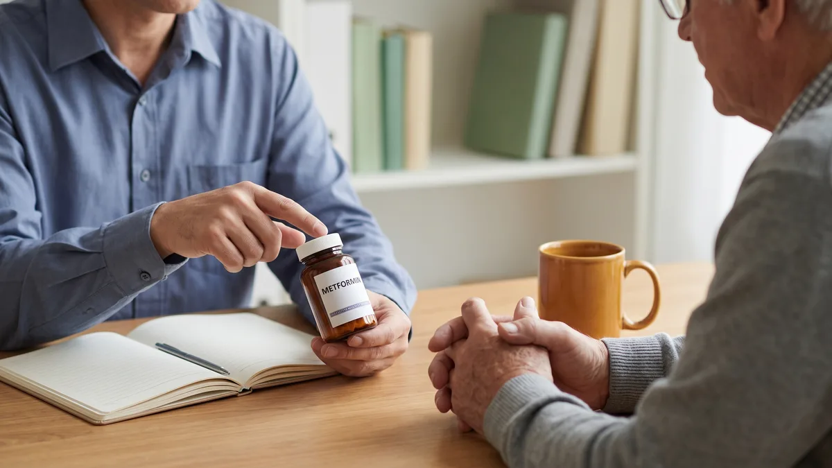A healthcare professional discussing metformin with a patient.