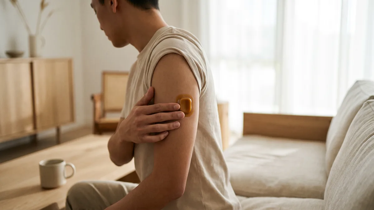 User demonstrating the Dexcom Stelo device for glucose monitoring.