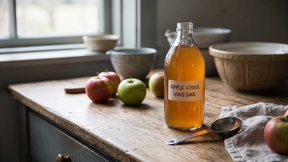 A bottle of apple cider vinegar with apples and a measuring spoon.