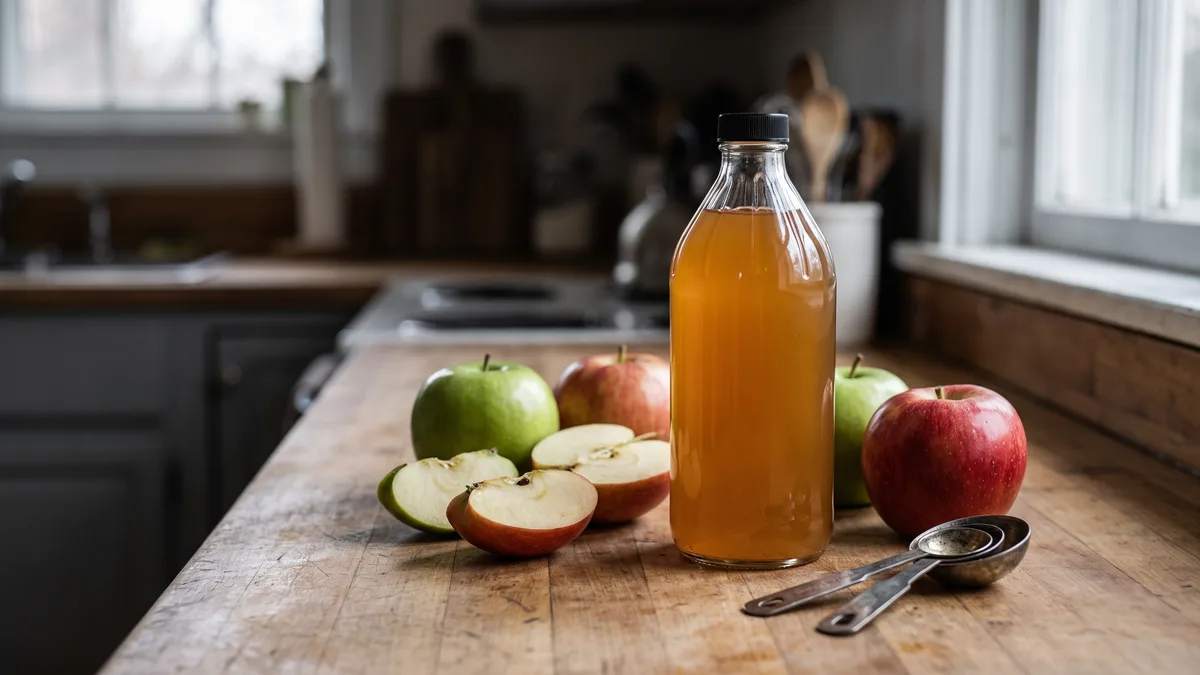 A bottle of apple cider vinegar with apples and measuring spoons on a kitchen counter.