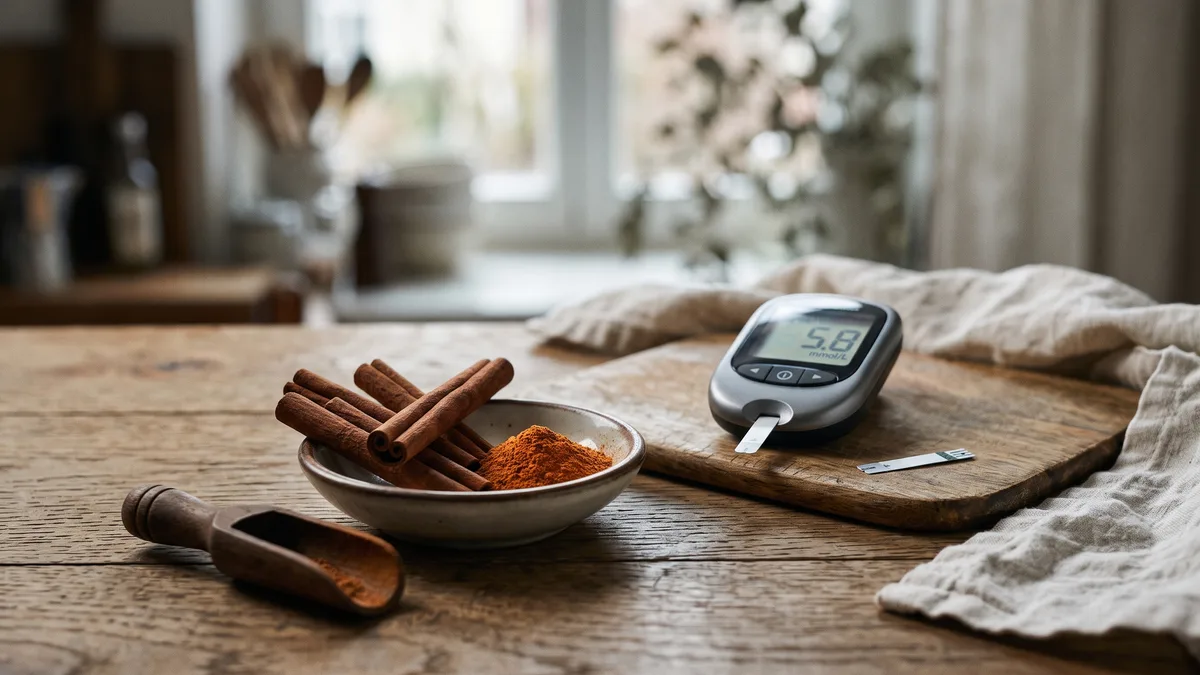 Cinnamon sticks and ground cinnamon with a blood sugar meter.
