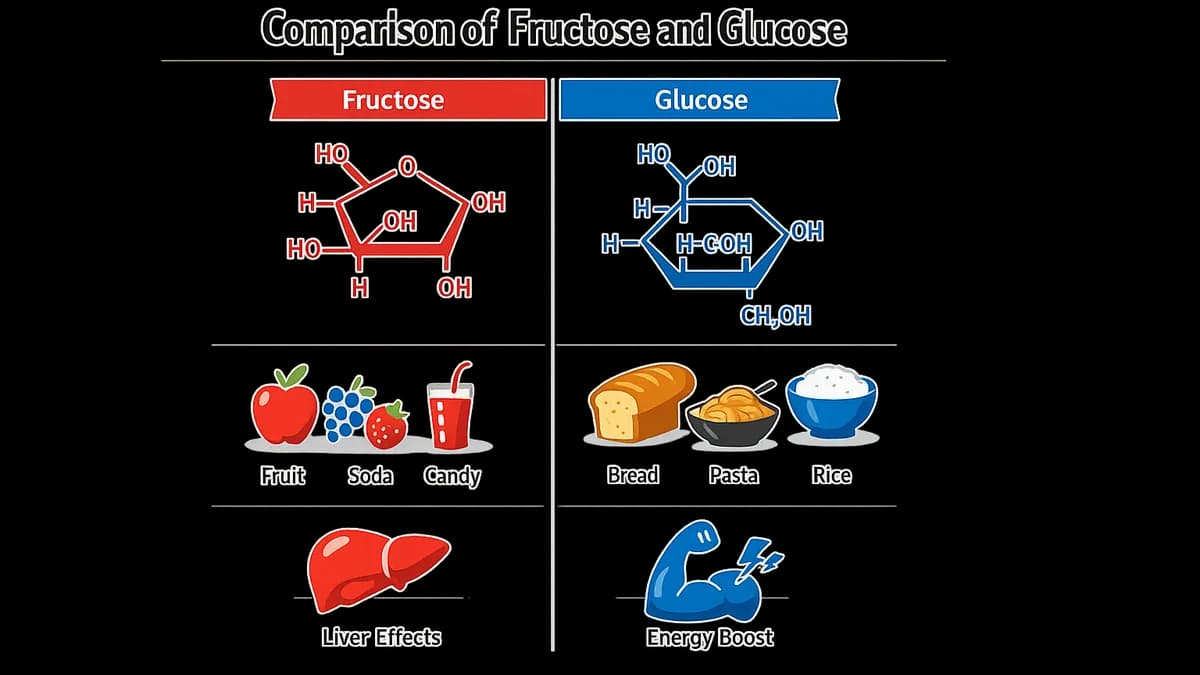 Comparison of fructose and glucose with their structures and sources