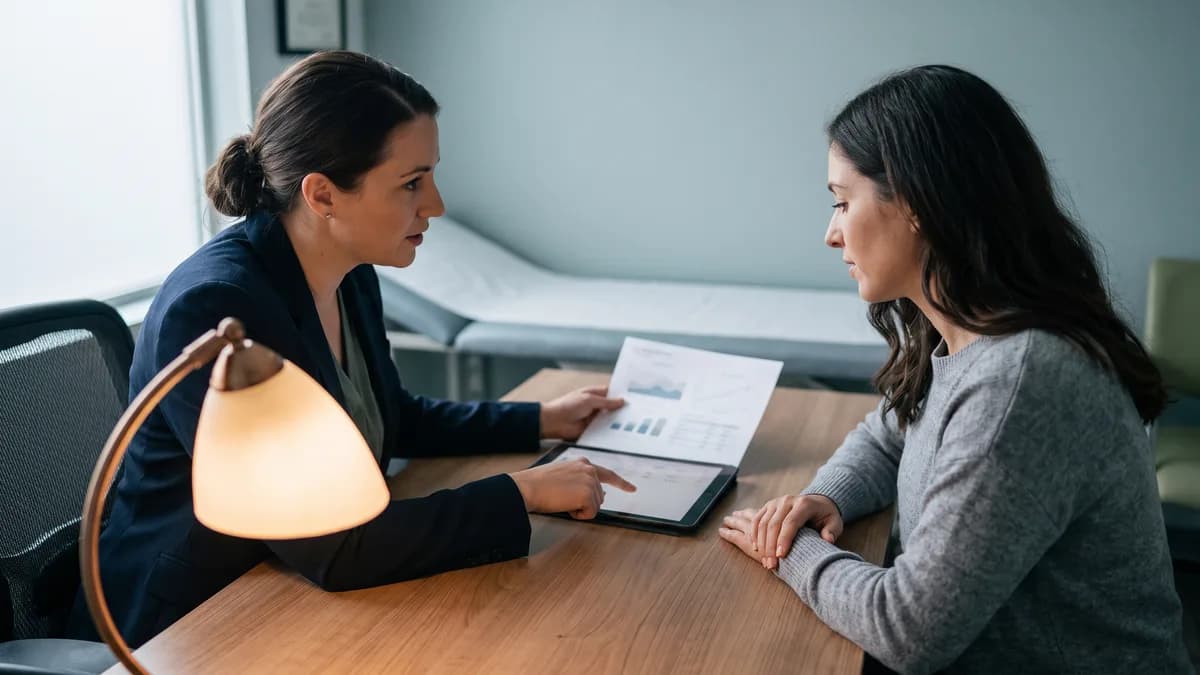 Healthcare professional consulting a patient about A1C management.