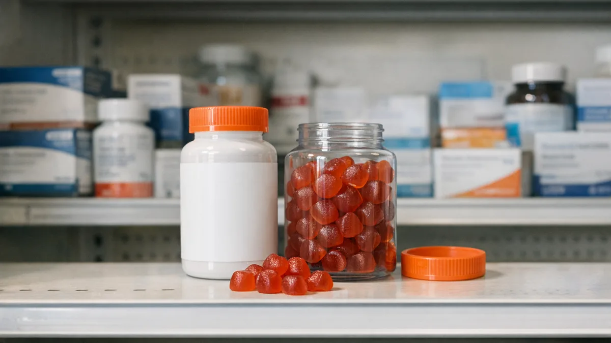 GLP-1 gummies on a pharmacy shelf