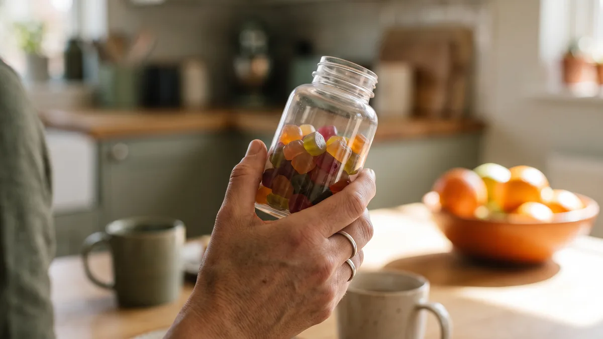 A hand holding GLP-1 gummies in a kitchen