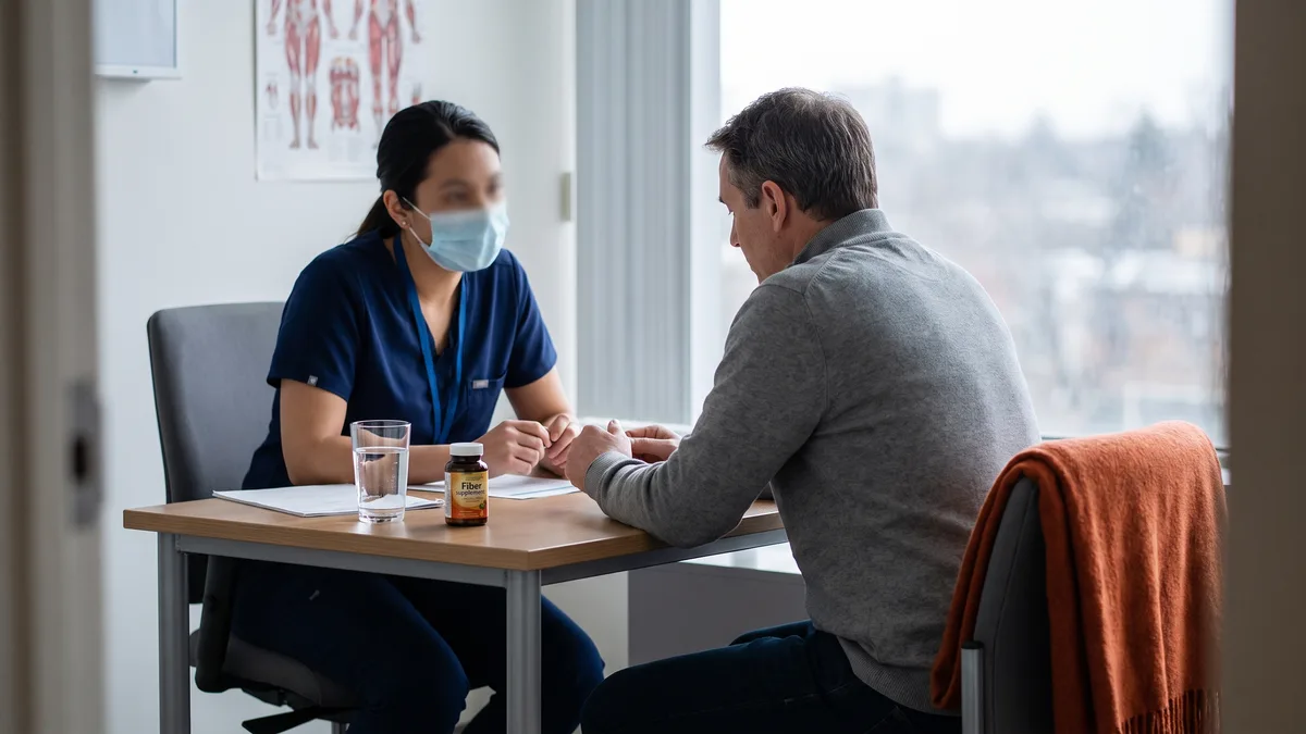 Healthcare professional advising a patient on managing constipation with Mounjaro.