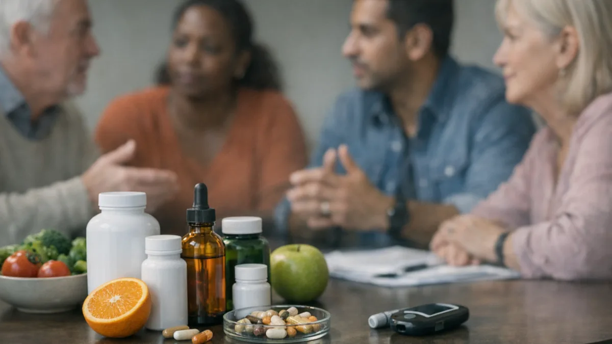A diverse group of people discussing health and nutrition with supplements.