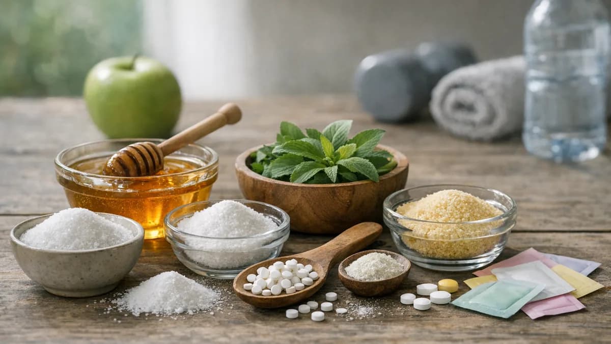 A variety of sugar substitutes displayed on a table