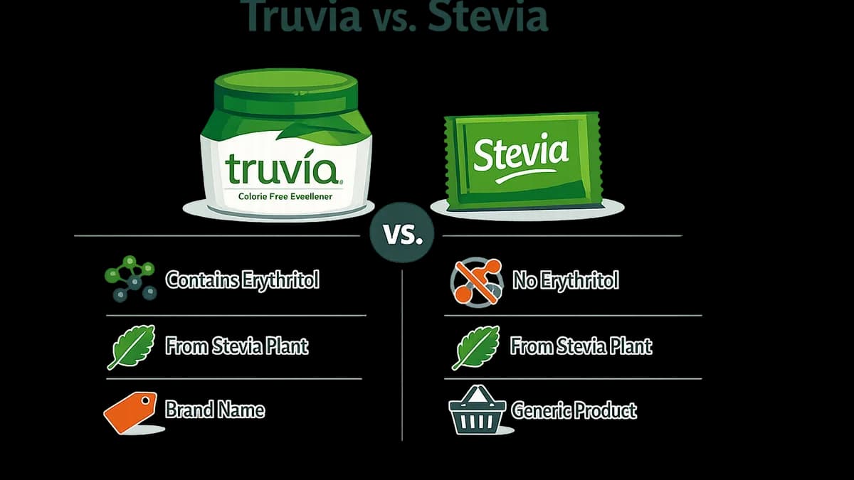 Comparison of Truvia and Stevia packaging with key facts.