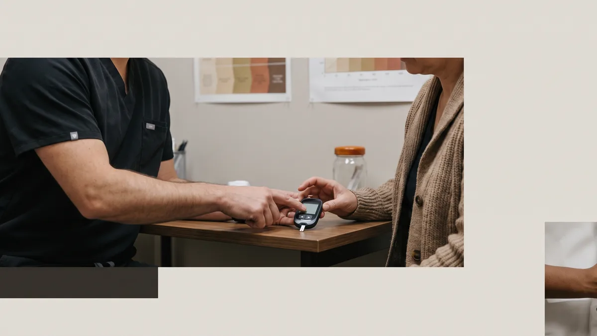 A healthcare professional discussing blood sugar levels with a patient.