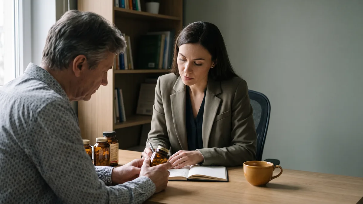 Healthcare professional discussing vitamins with diabetic patient
