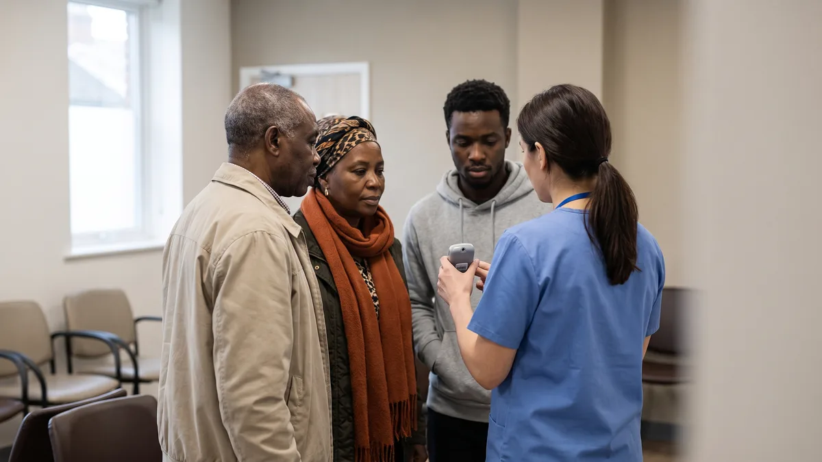 Healthcare professional discussing blood sugar levels with patients.