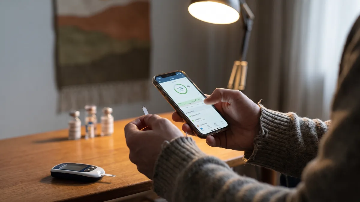 A person checking blood glucose levels with a diabetes app